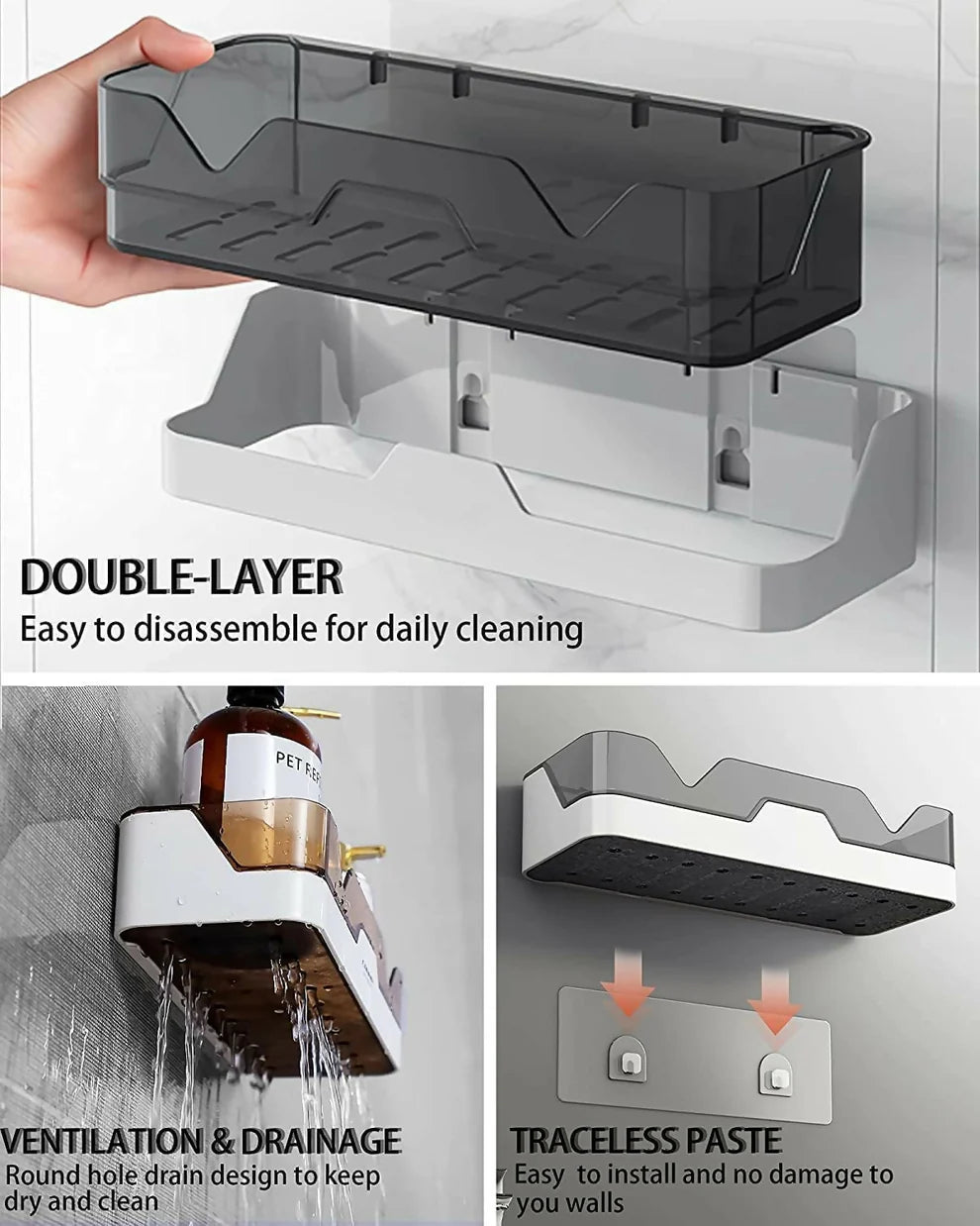 Adhesive Storage Rack, Wall Mounted Plastic Shelf Organizer for Bathroom